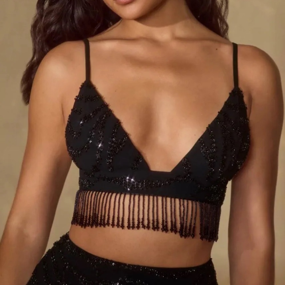 Oh Polly Black Beaded Fringe Top